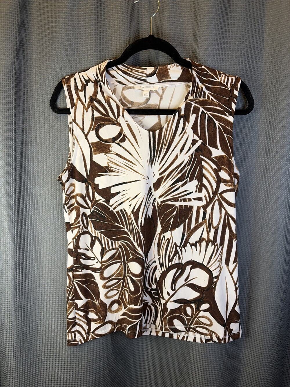 T by Talbots Brown White Tropical Print Sleeveless Top Women’s Small
